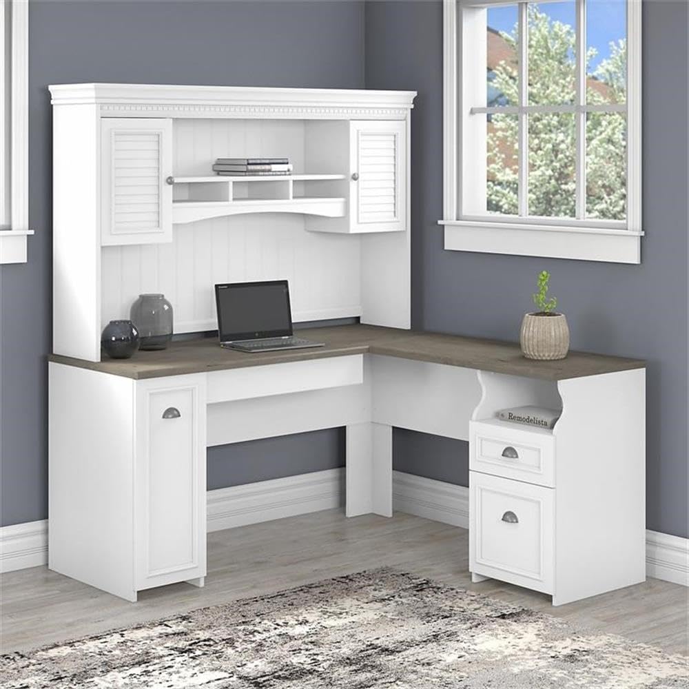 60W L-Shaped Desk with Hutch - Gray and White Engineered Wood