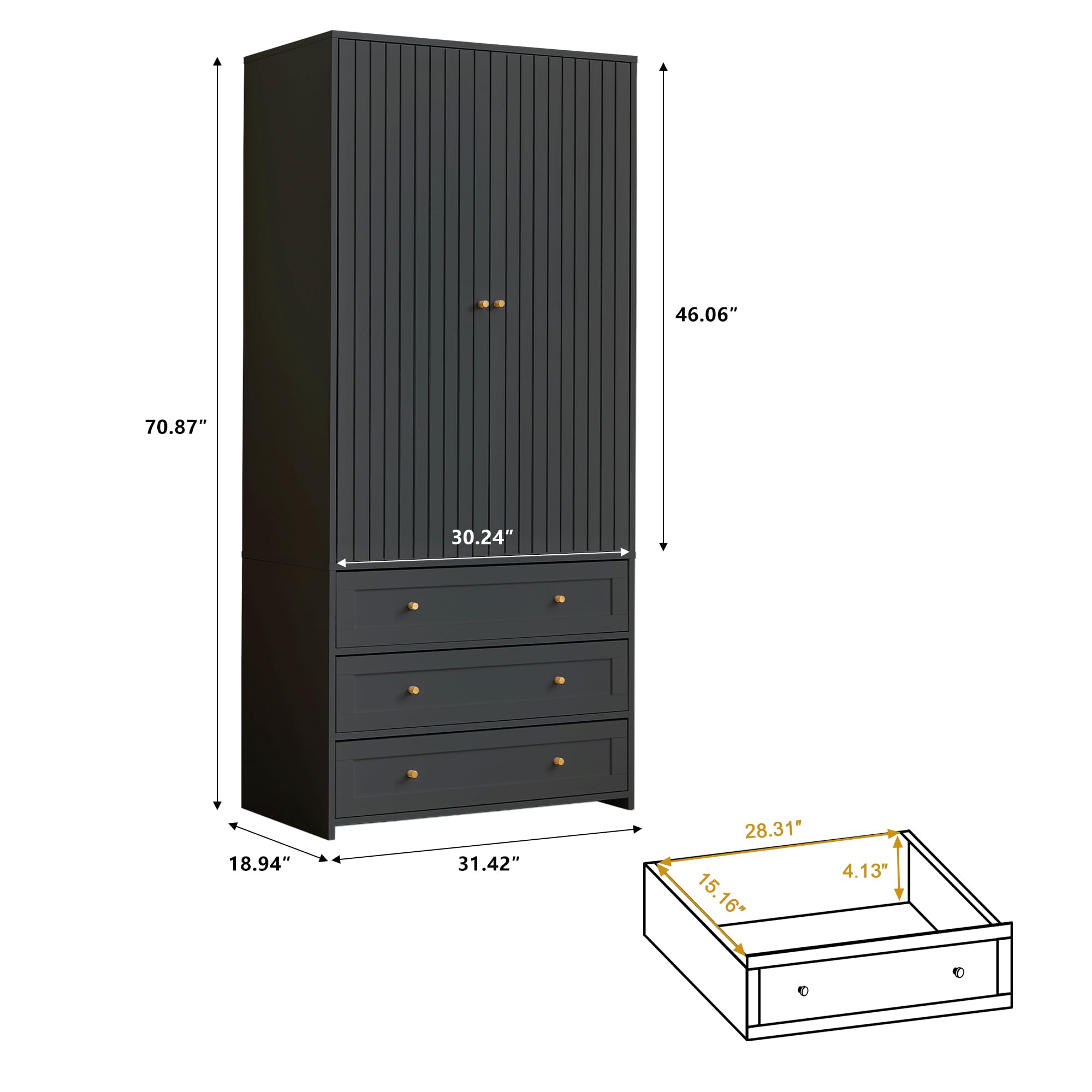 2-Door Wardrobe Armoire with 3 Drawers and Hanging Rod