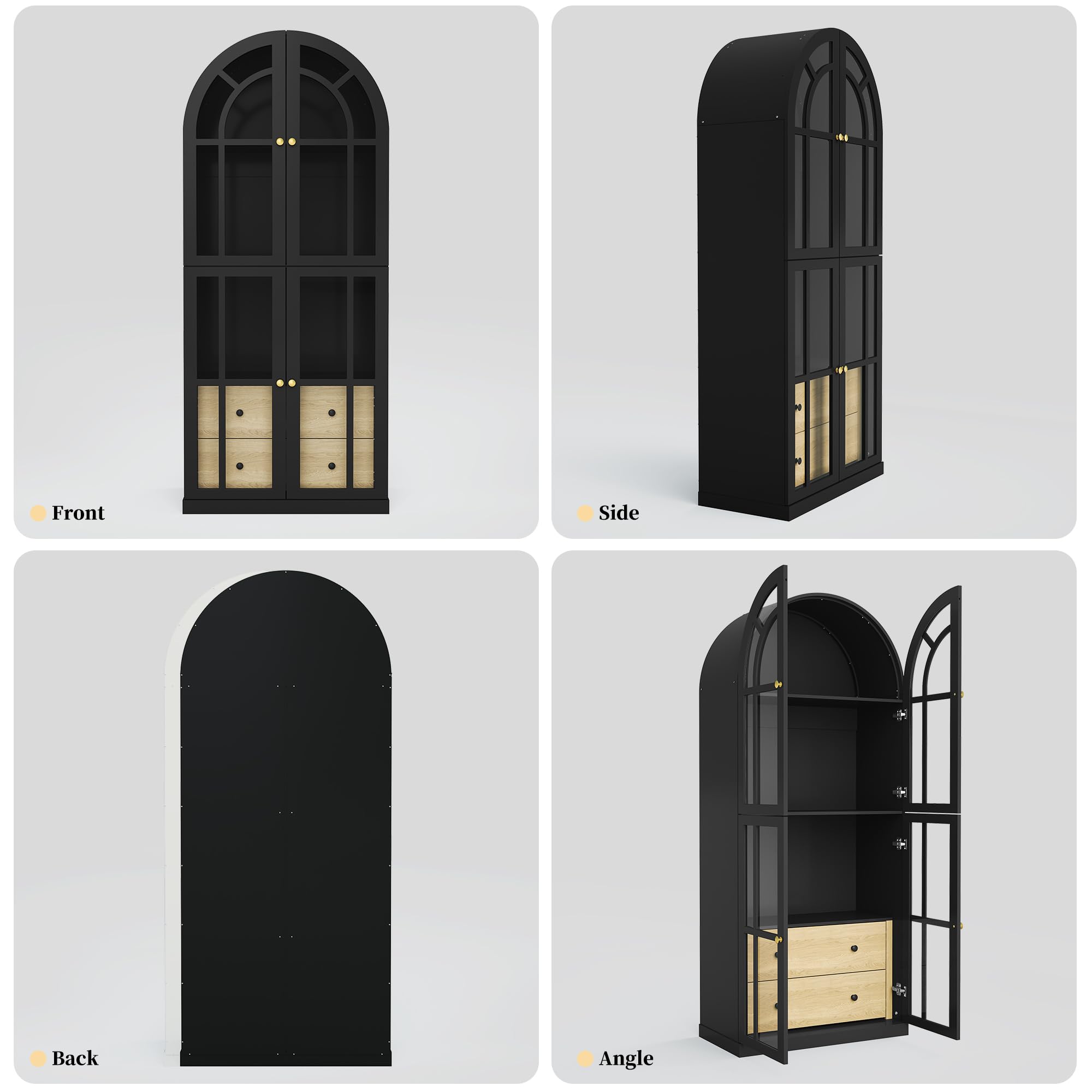 Arched Glass Door Cabinet with Drawers and Shelves