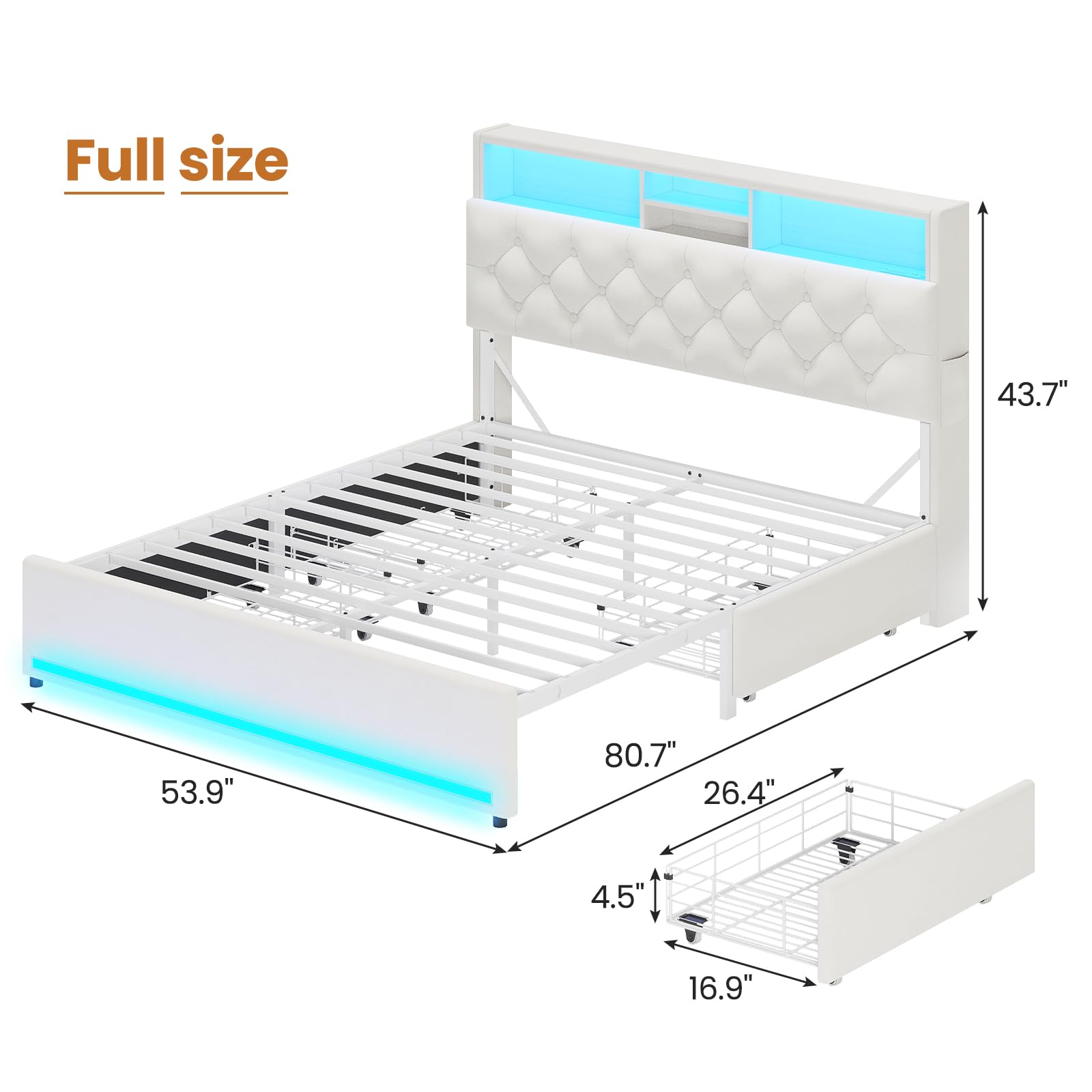 Full Size Bed Frame with LED & Storage