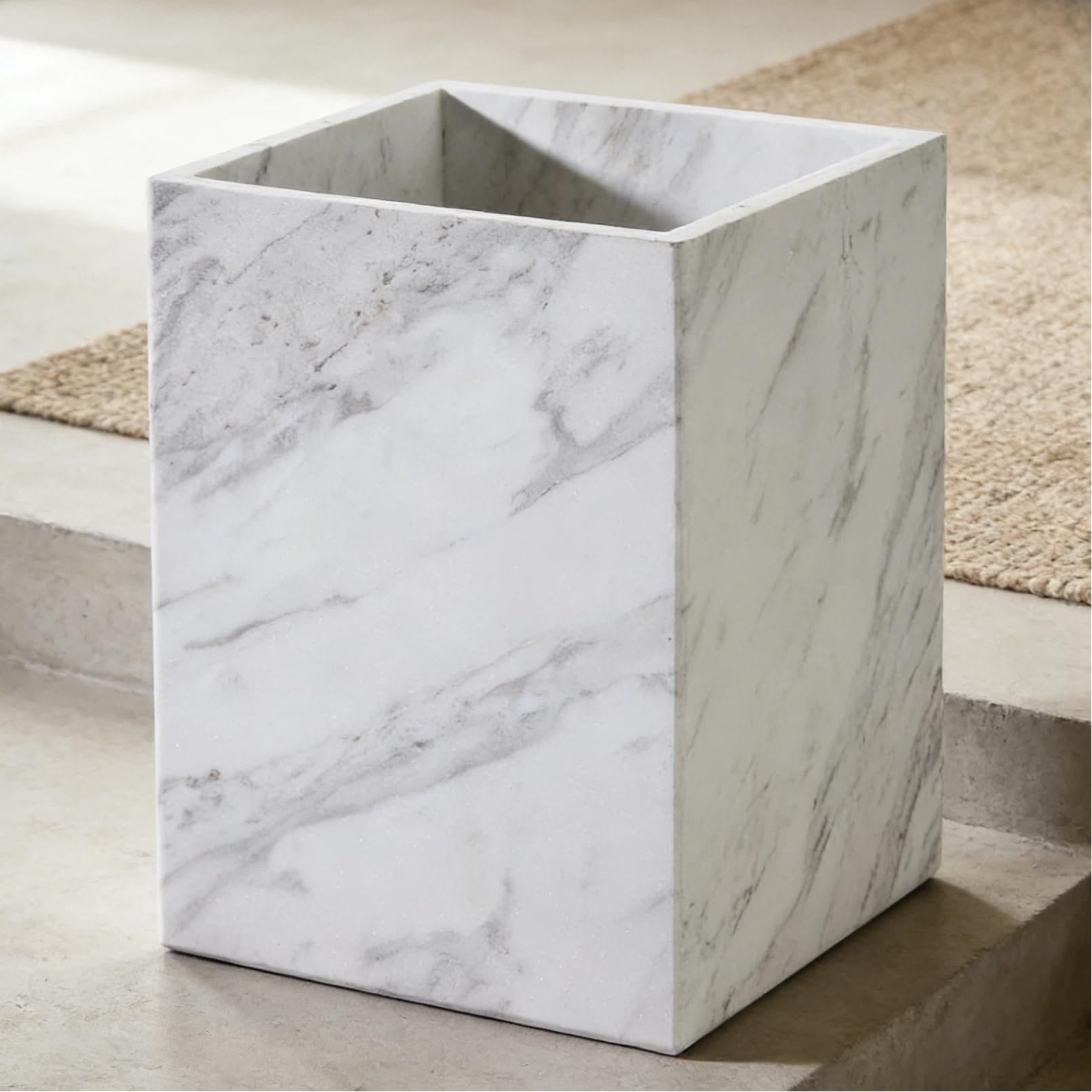 White Marble Wastebasket Rectangular Trash Can
