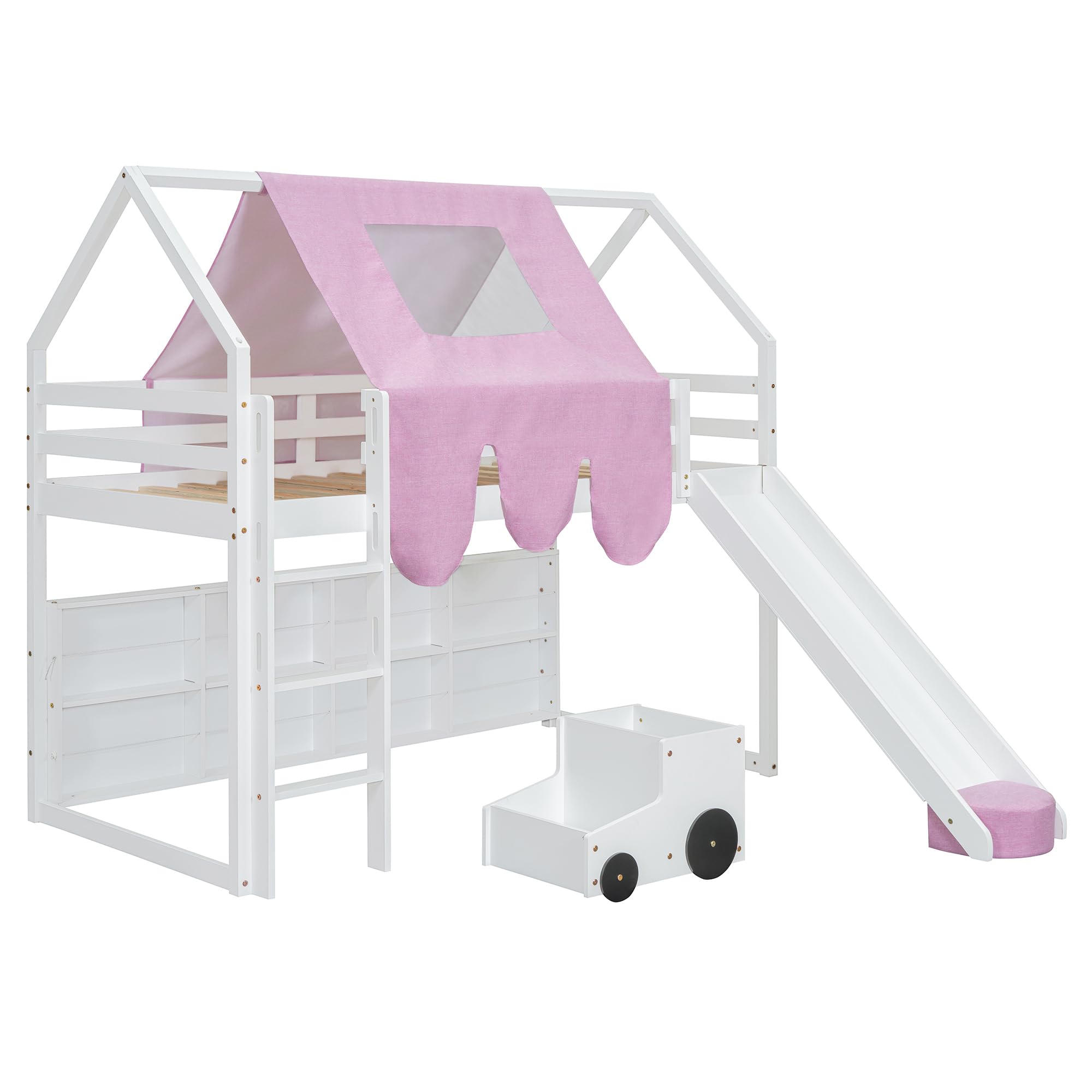 LZ LEISURE ZONE Twin Size Loft Bed with Slide, Wooden Twin House-Shaped Frame with Ladder, Shelves and a Tent, White