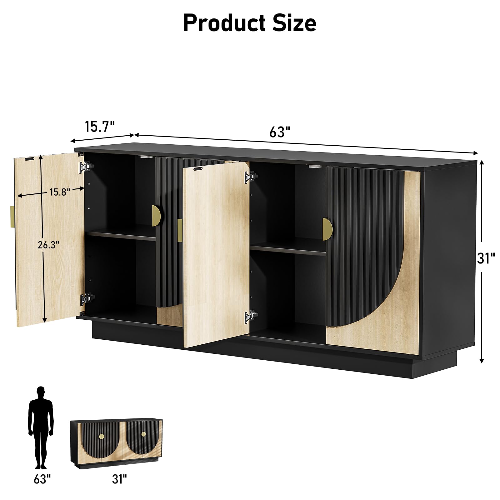 63 Inch Fluted Buffet Cabinet with Storage