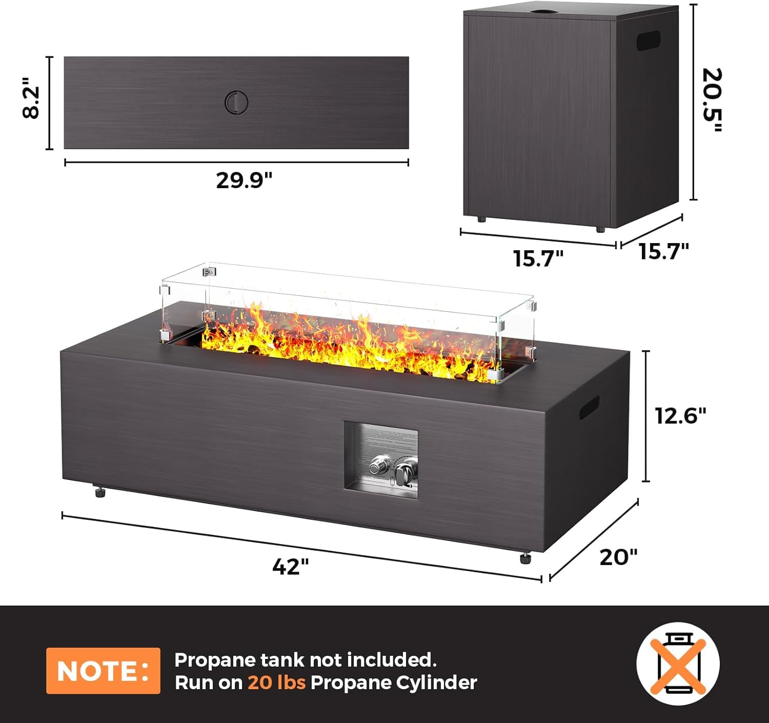 42" Rectangular Propane Fire Pit Table - 50,000 BTU Outdoor Gas Fireplace
