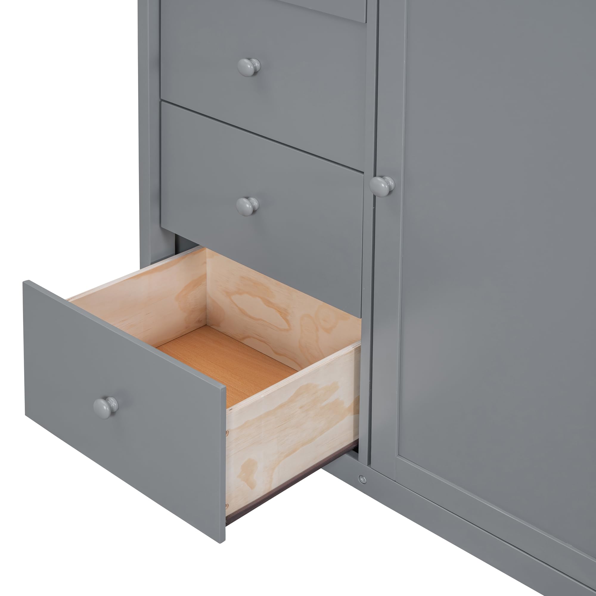 Full Size Wood Loft Bed with Built-in Wardrobes and Storage