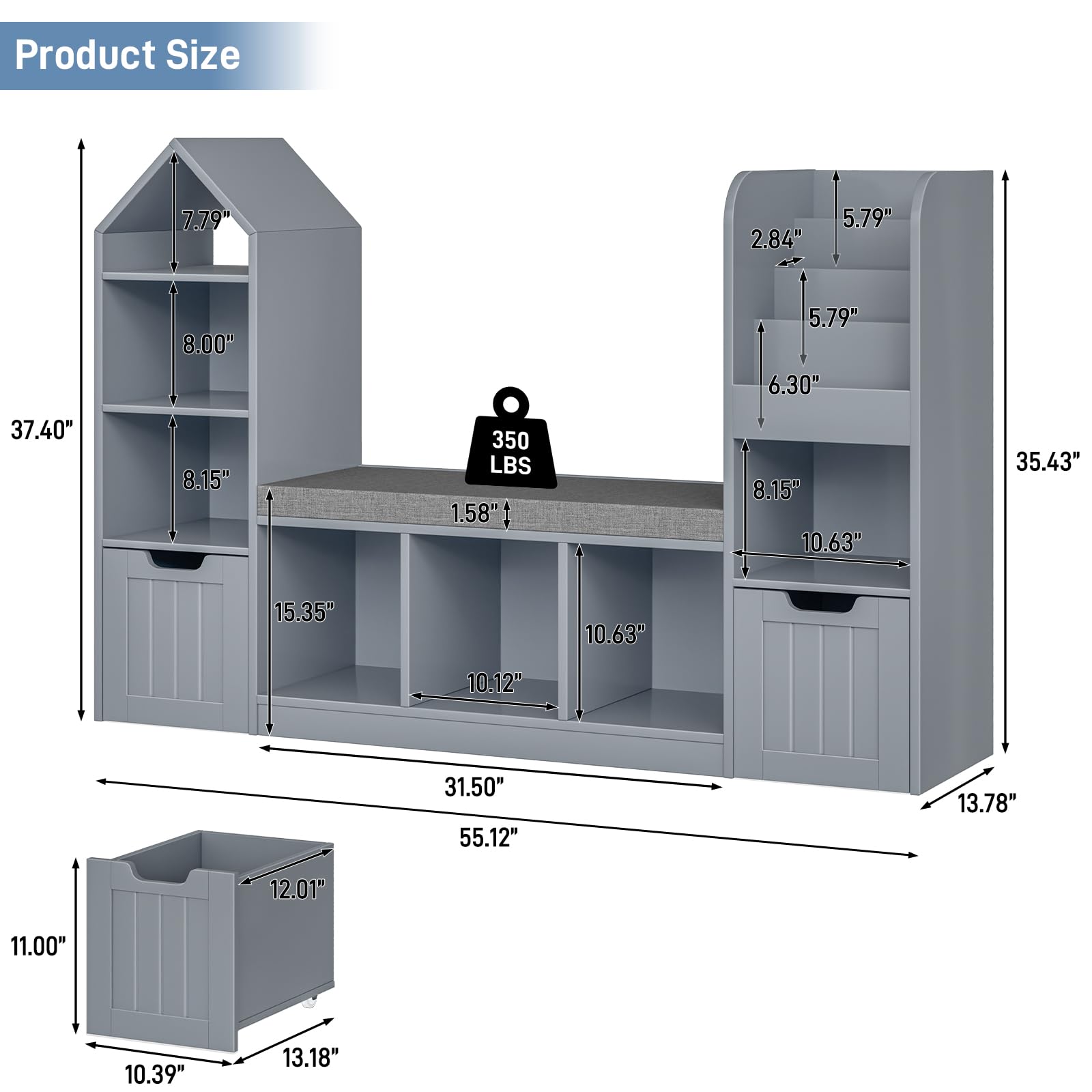 Kids Bookshelf with Reading Nook and Storage
