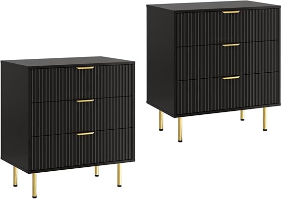 Sage Green Fluted Nightstand Set of 2 with 3 Drawers