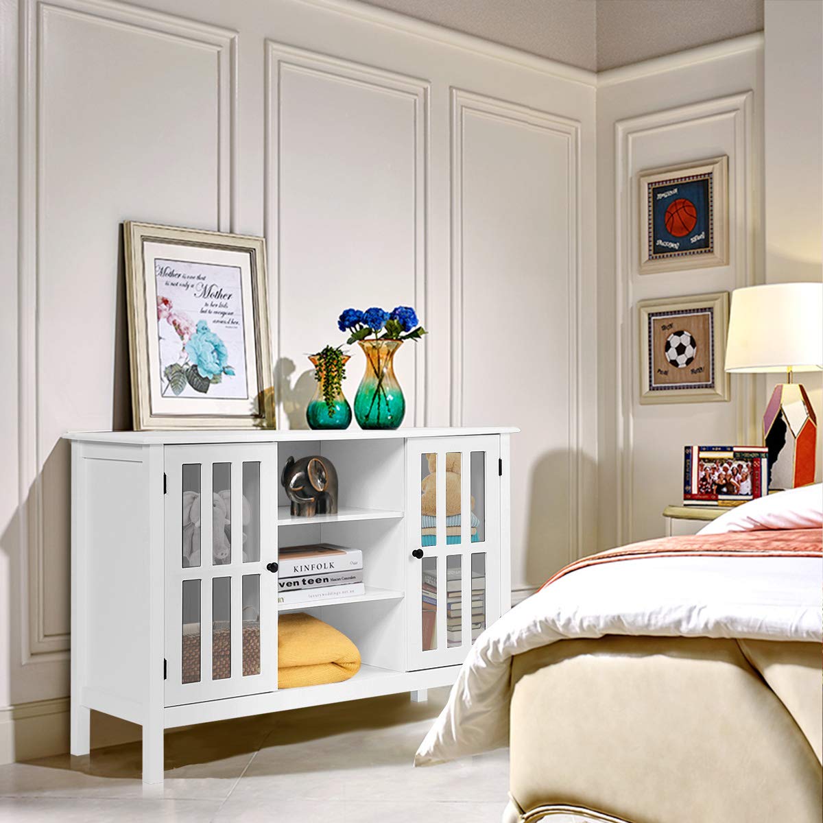 White TV Stand Entertainment Center with Storage Cabinets