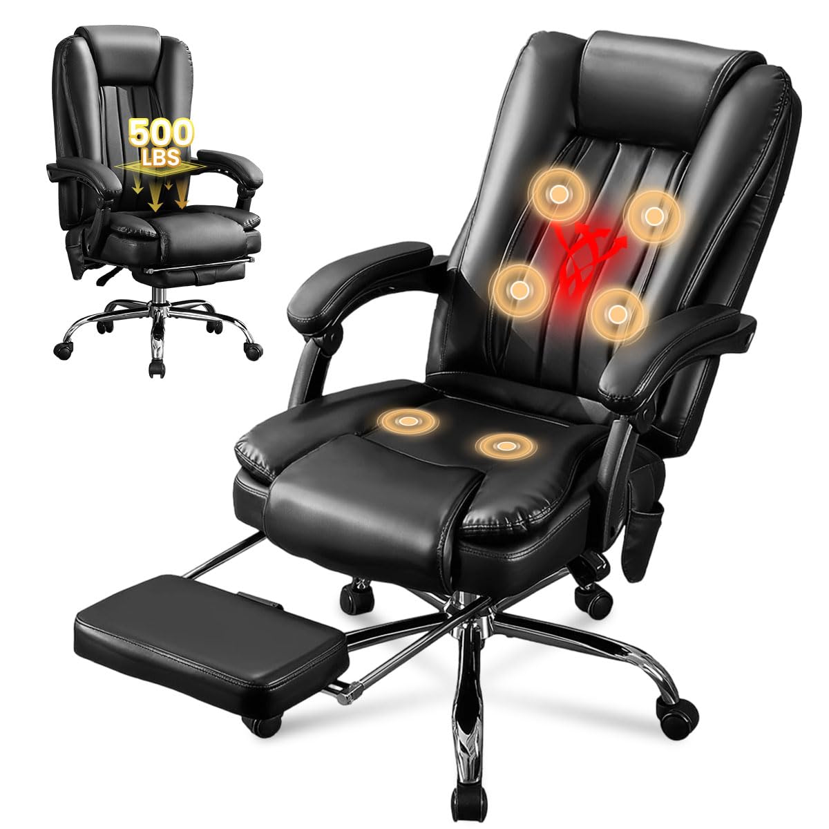 Massage Office Chair with Foot Rest,6 Points Vibration and Heat Ergonomic Executive Desk Chair for Heavy People,500lbs Big and Tall Office Chairs with Reclining High Back for Home Office