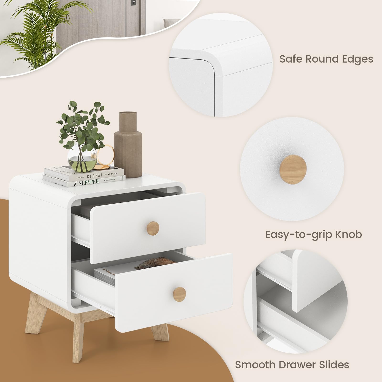 Mid-Century Modern 2-Drawer Nightstand White