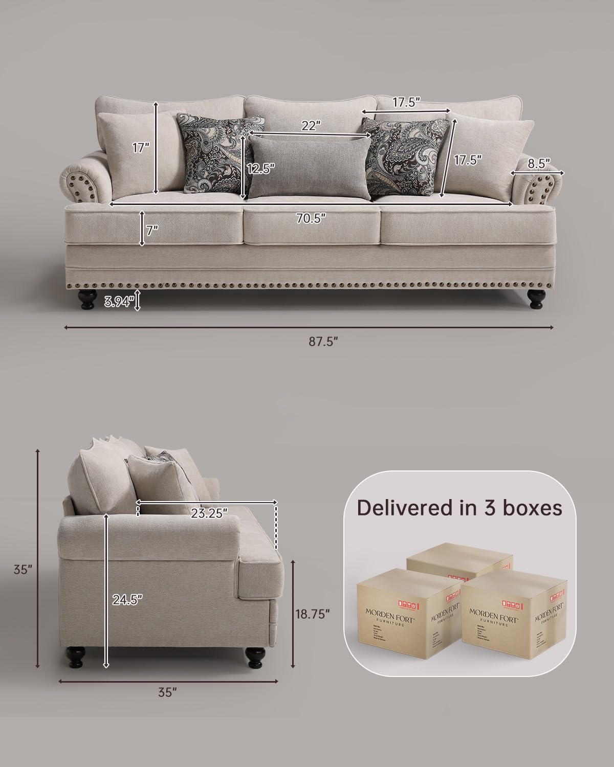 3-Seat Chenille Sofa with Nailhead Trim