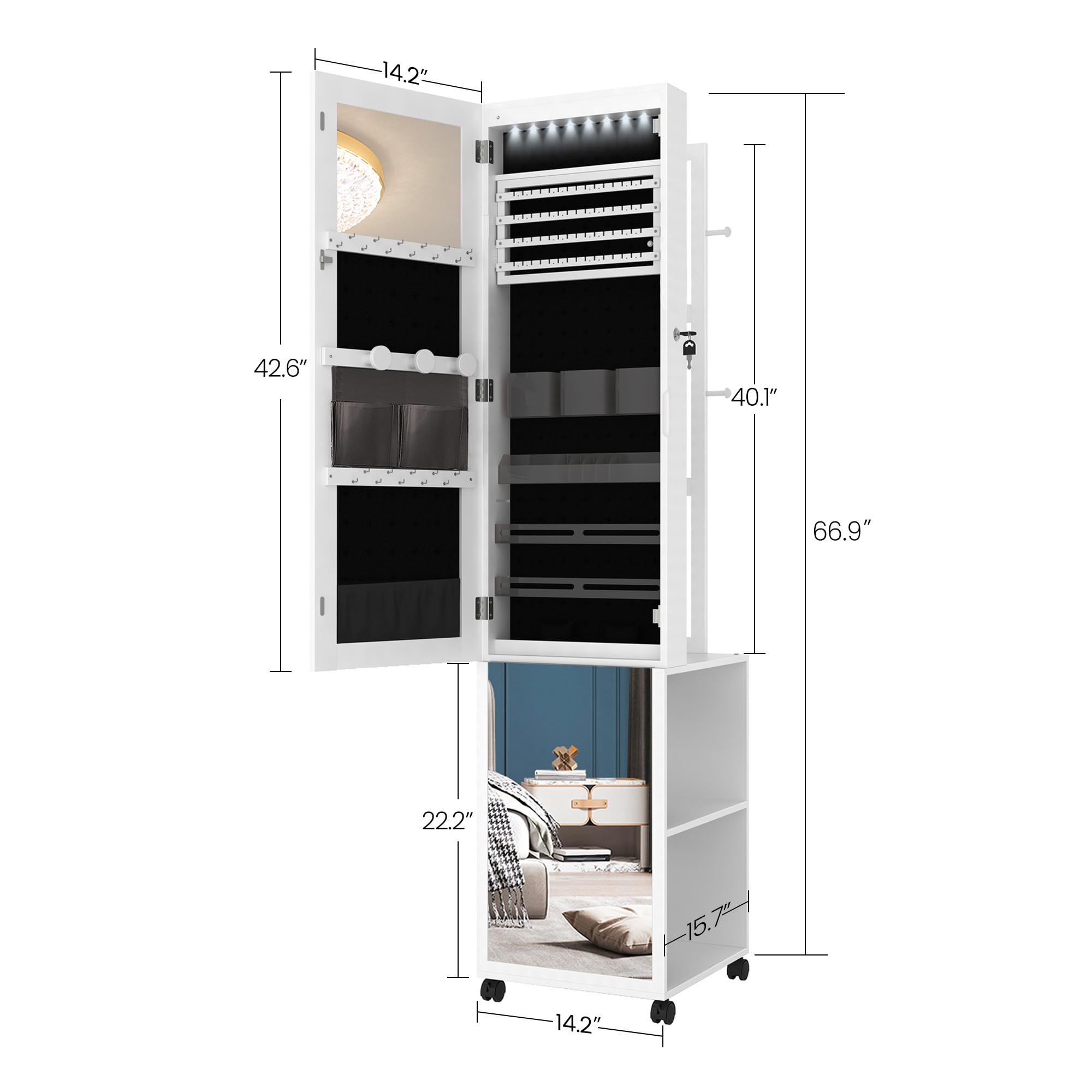 8 LED Jewelry Cabinet Armoire with Full-Length Mirror