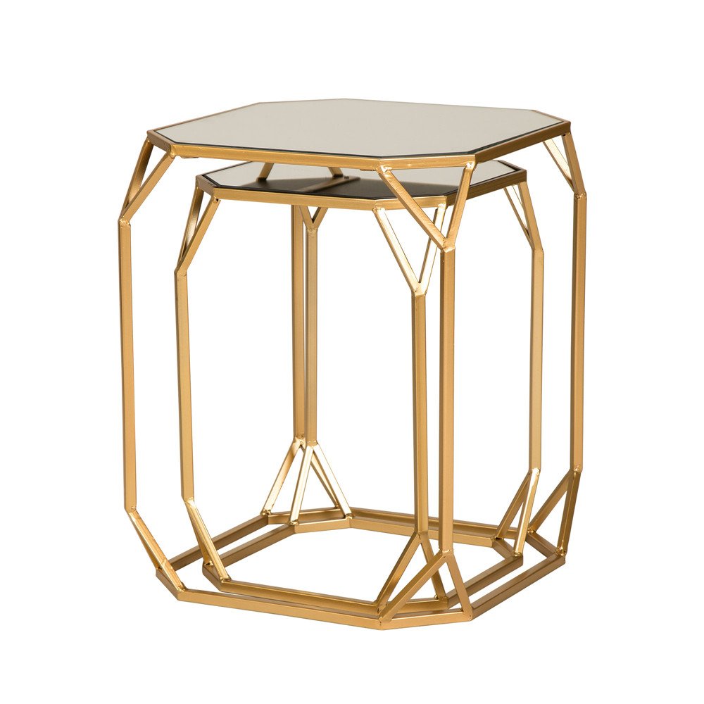 Glitzhome Modern Nesting Tables, Set of 2 Coffee Table with Tempered Glass Top, Side/End Tables for Living Room Bedroom, Accent Tea Tables with Metal Frame - Golden
