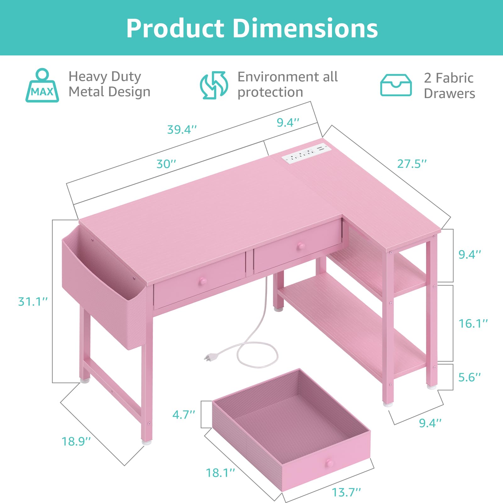 Pink Reversible L-Shaped Desk with Drawers and Shelves
