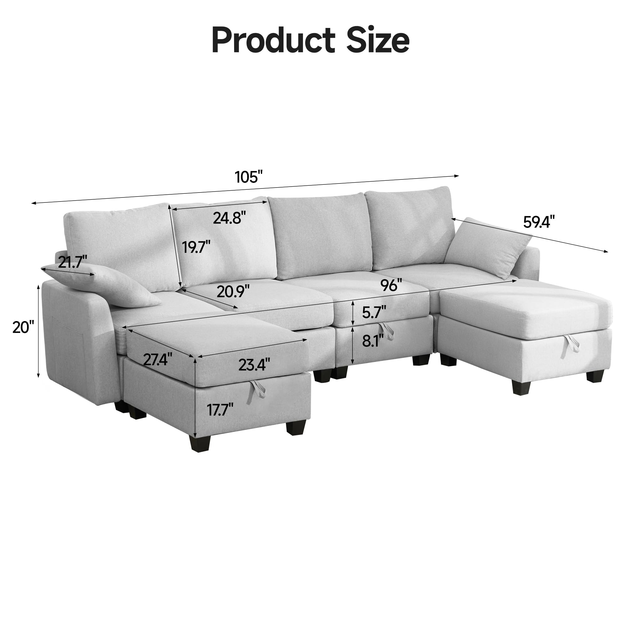 U-Shaped Sectional Sofa with Ottoman - Light Gray Linen