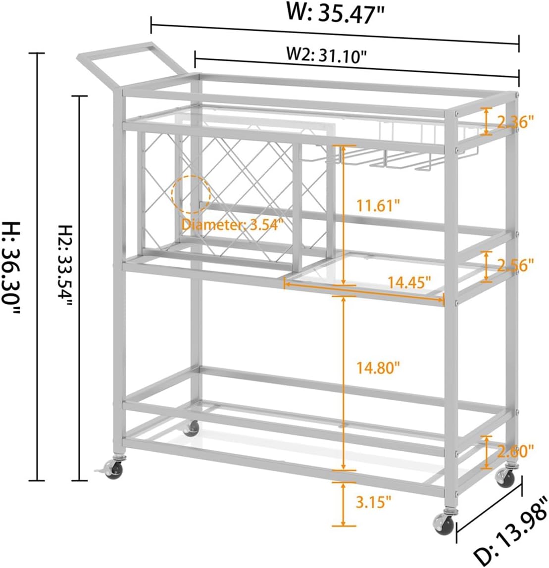 3-Tier Mirrored Bar Cart with Wheels