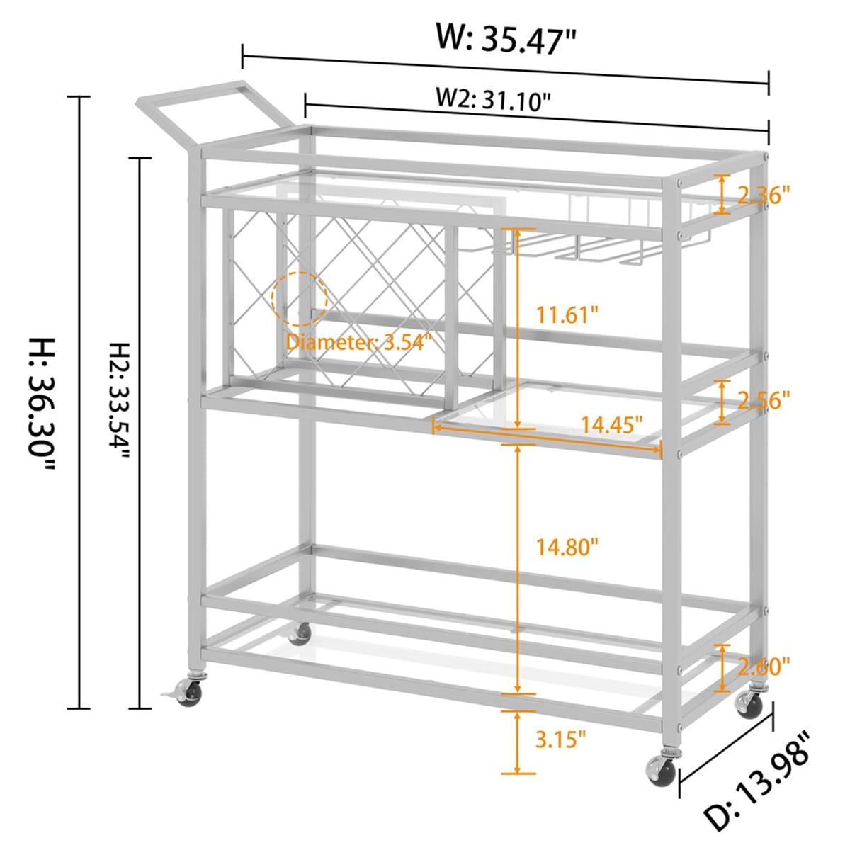3-Tier Mirrored Bar Cart with Wheels