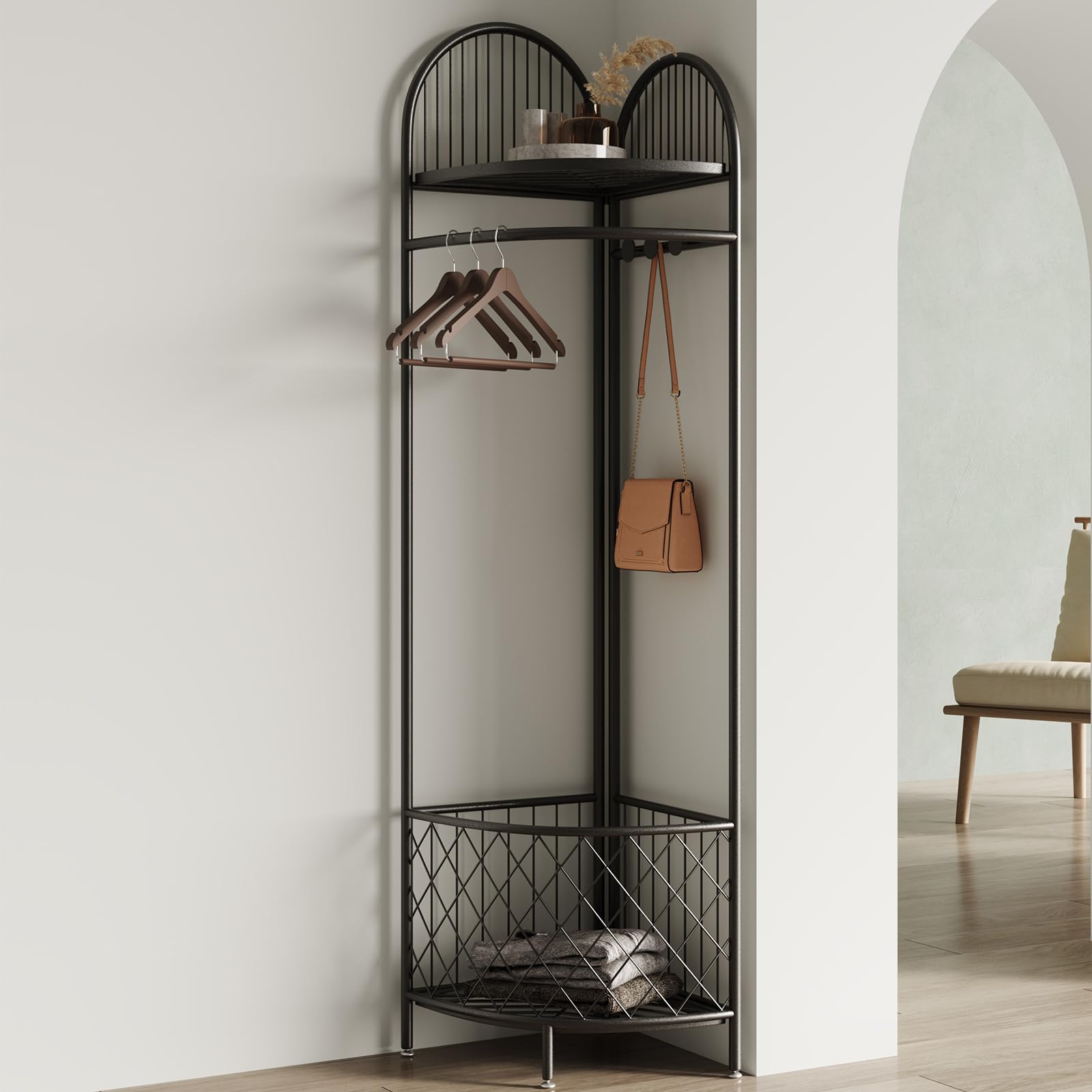 Corner Coat Rack with Storage and Hooks - Metal Hall Tree
