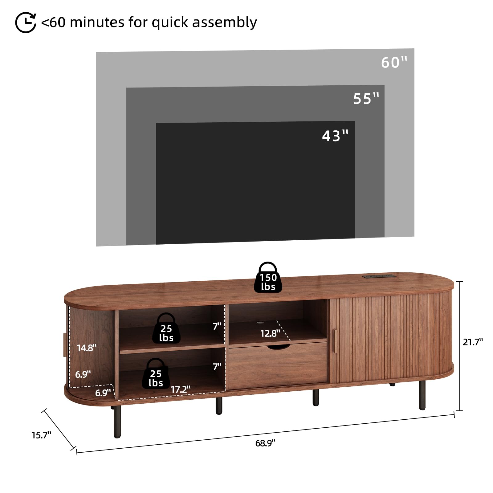 69" Mid-Century TV Stand with Power Outlet, Fluted Entertainment Center with Storage Drawer, TV Console with Sliding Door and Adjustable Shelves, TV Stand up to 80" for Living Room, Bedroom, Walnut