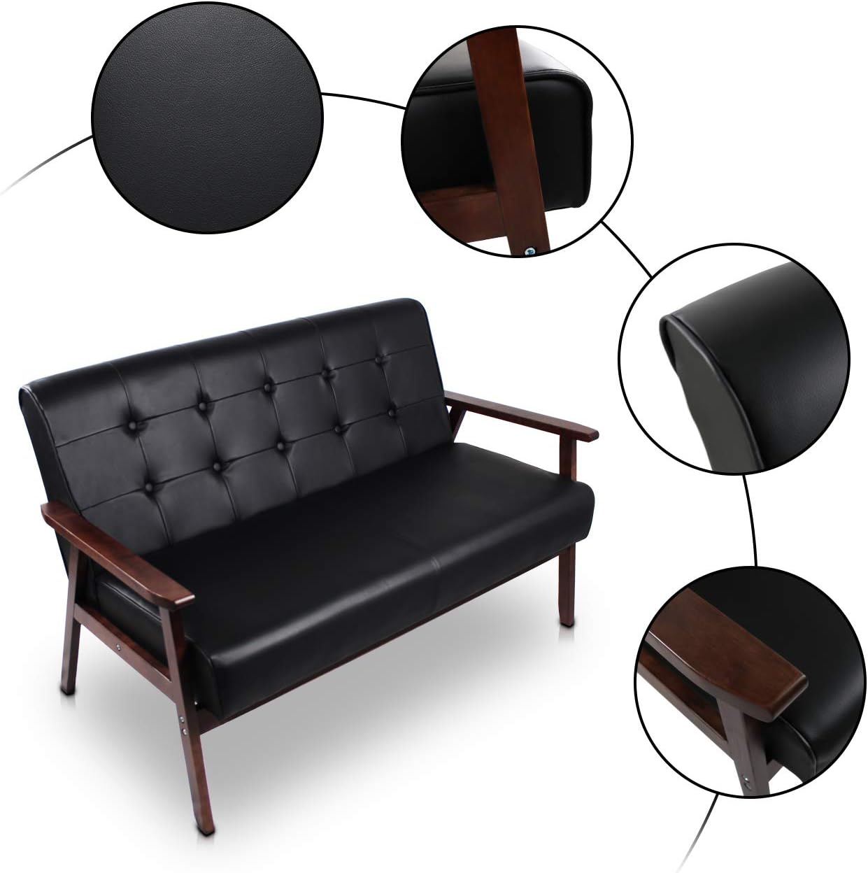 Mid-Century Modern Loveseat Sofa with Faux Leather Upholstery