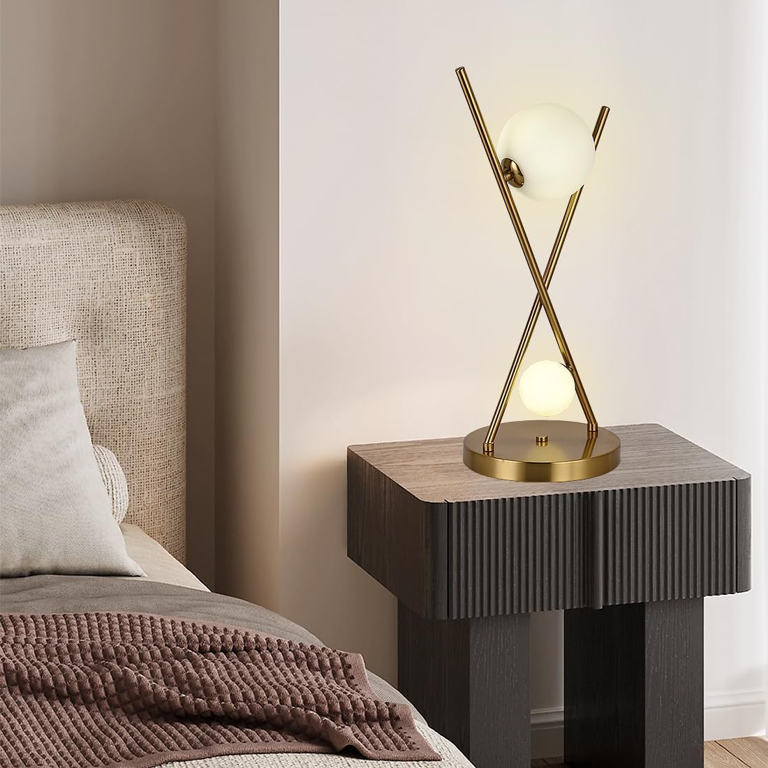 Gold X-Shaped Table Lamp with Globe Glass Shades