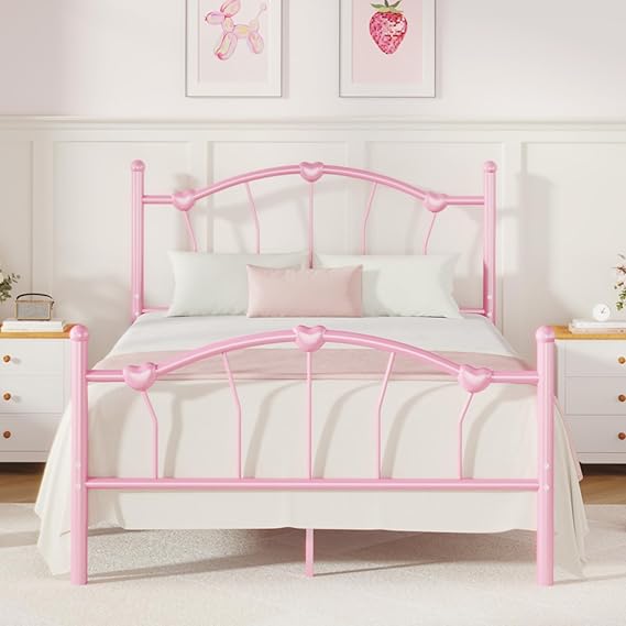 Queen Metal Bed Frame with Heart-Shaped Headboard