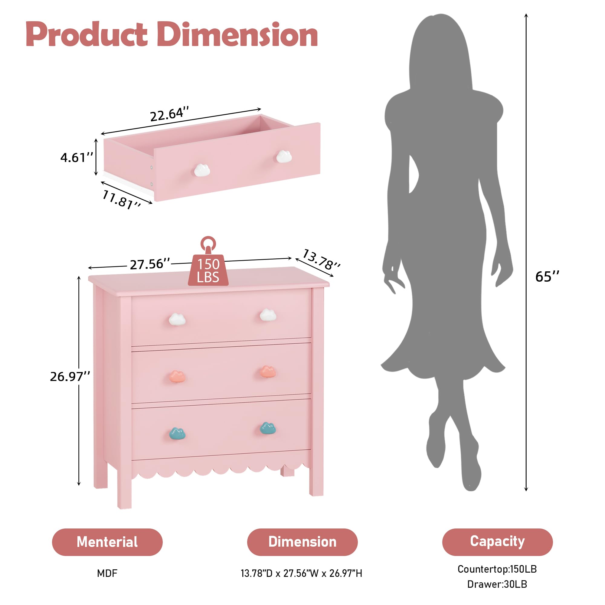 Pink 3 Drawer Nightstand Set of 2