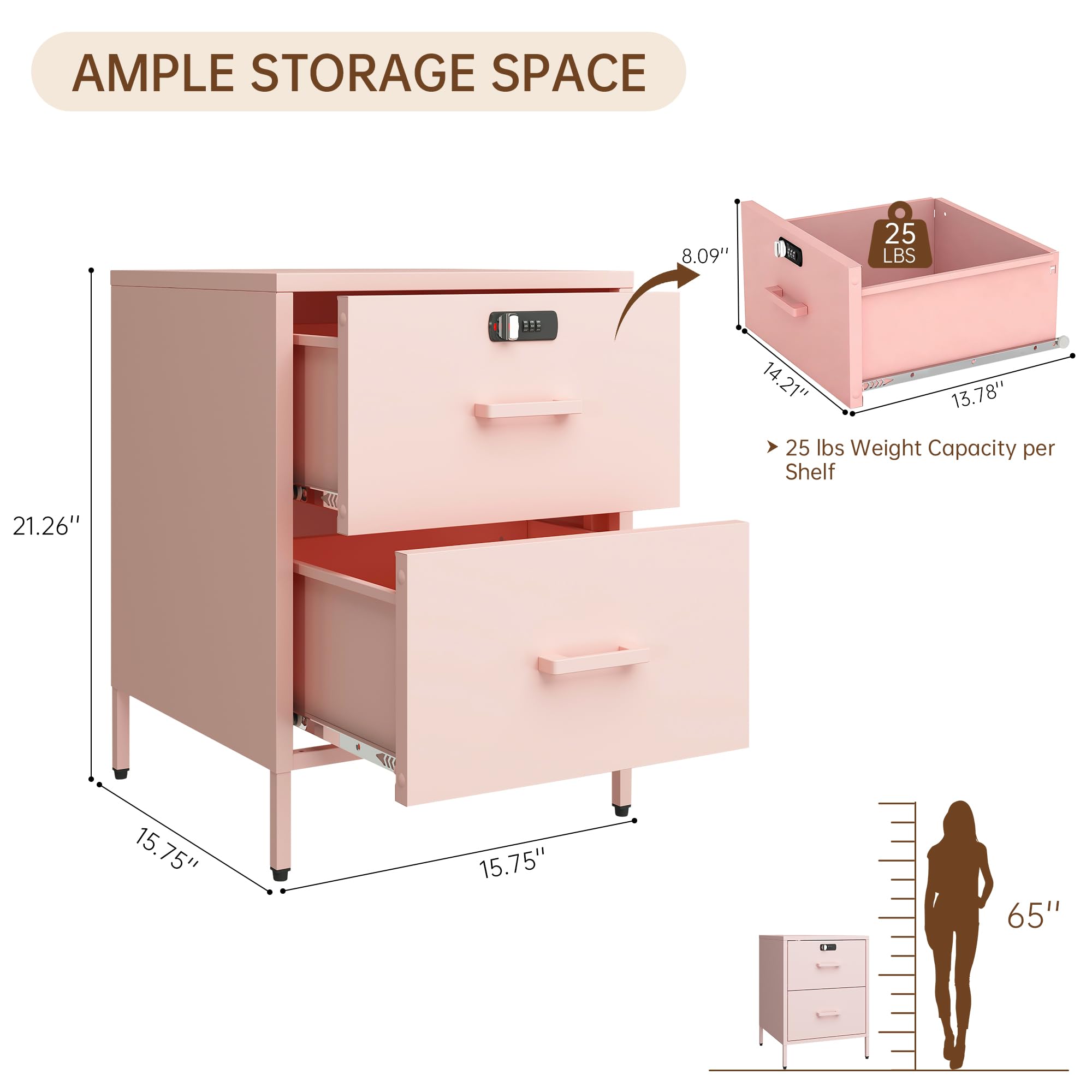 2 Drawer Lockable Metal Nightstand End Table