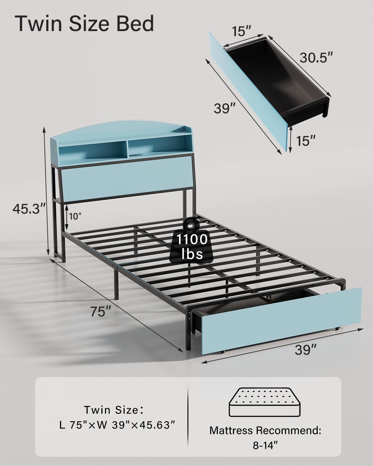 Twin Bed Frame with Storage and Charging Station