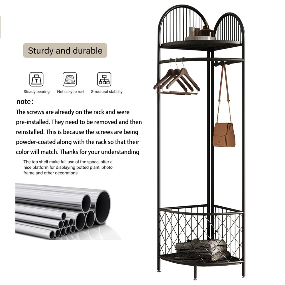 Corner Coat Rack with Storage and Hooks - Metal Hall Tree