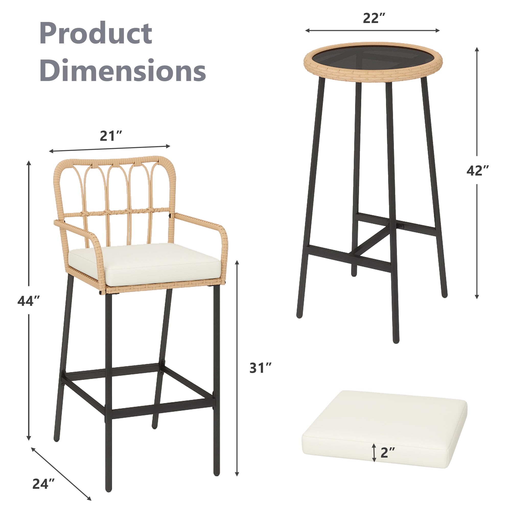 3-Piece Outdoor Wicker Bar Set with Glass Table