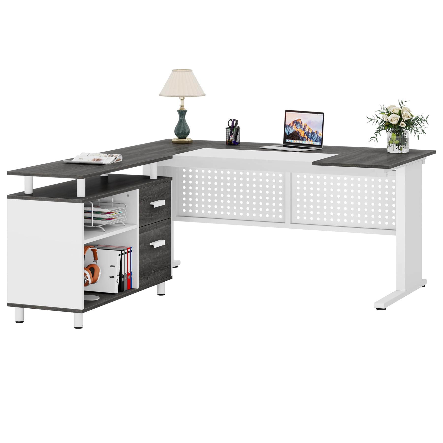 63 Inch L-Shaped Executive Desk with File Cabinet and Storage Shelves