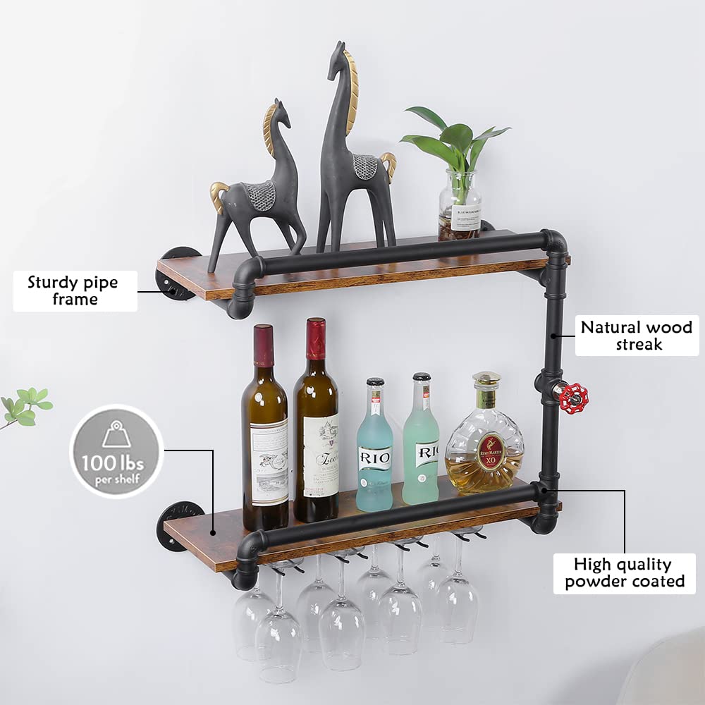 2-Tier Wall Mounted Wine Rack with Glass Holder