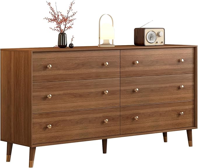 6-Drawer Dresser 55 Inch Wide Walnut Finish Storage Cabinet