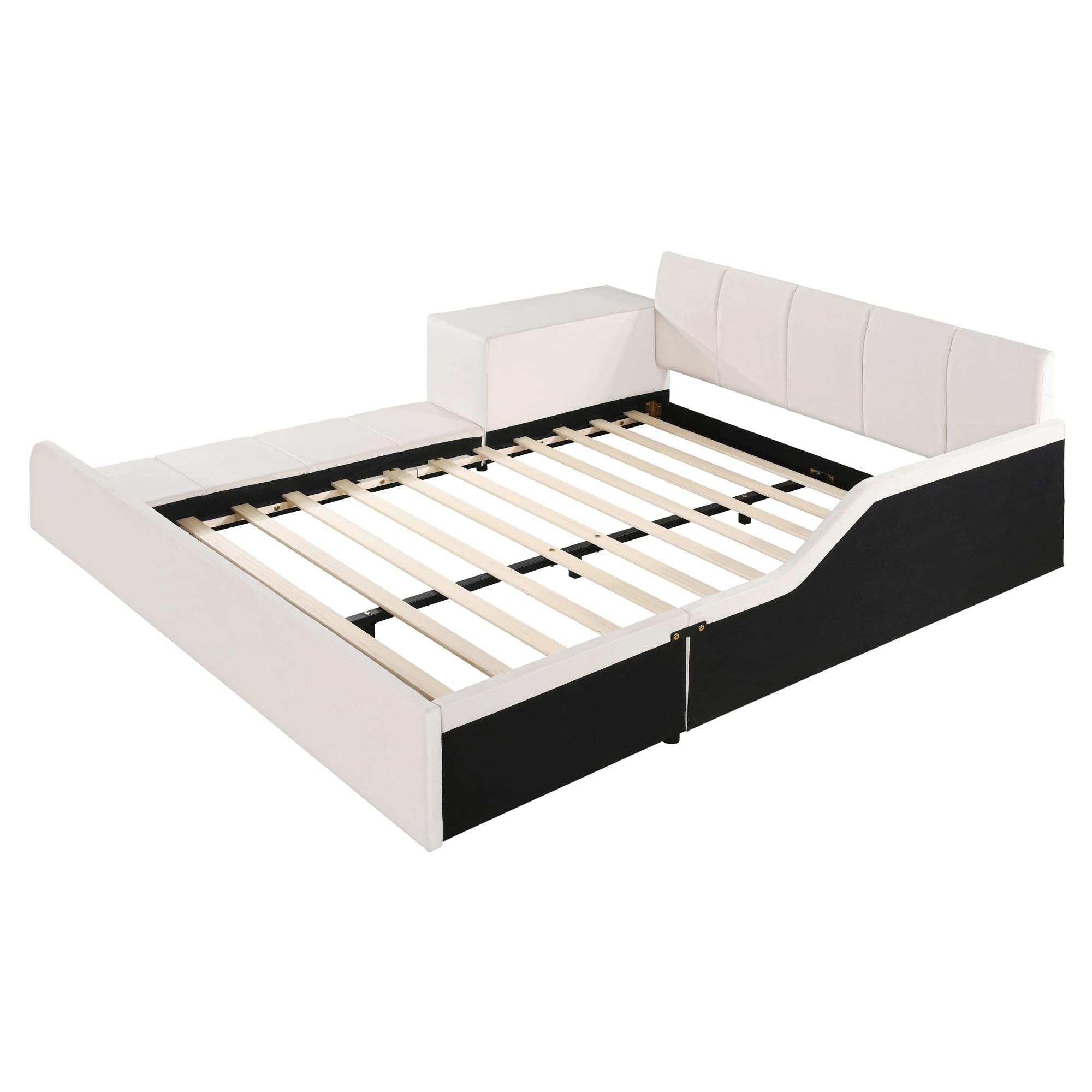 Full Size Velvet Upholstered Platform Bed with Bedside Desk