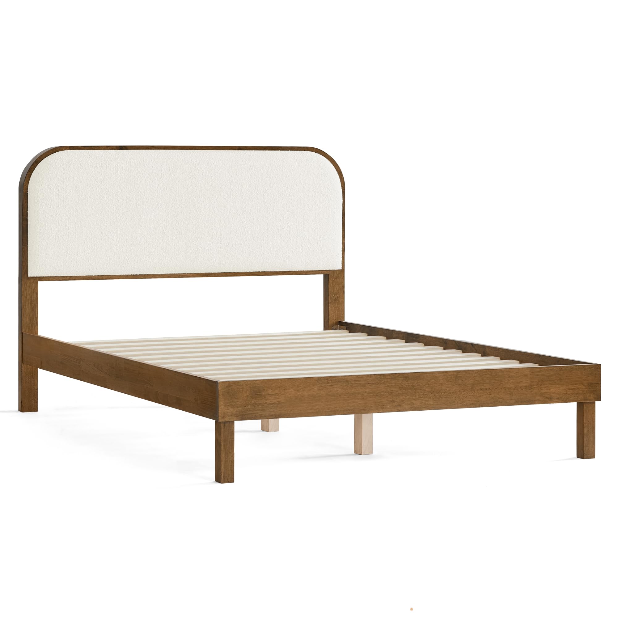 Wood Bed Frame with Upholstered Headboard Queen Size