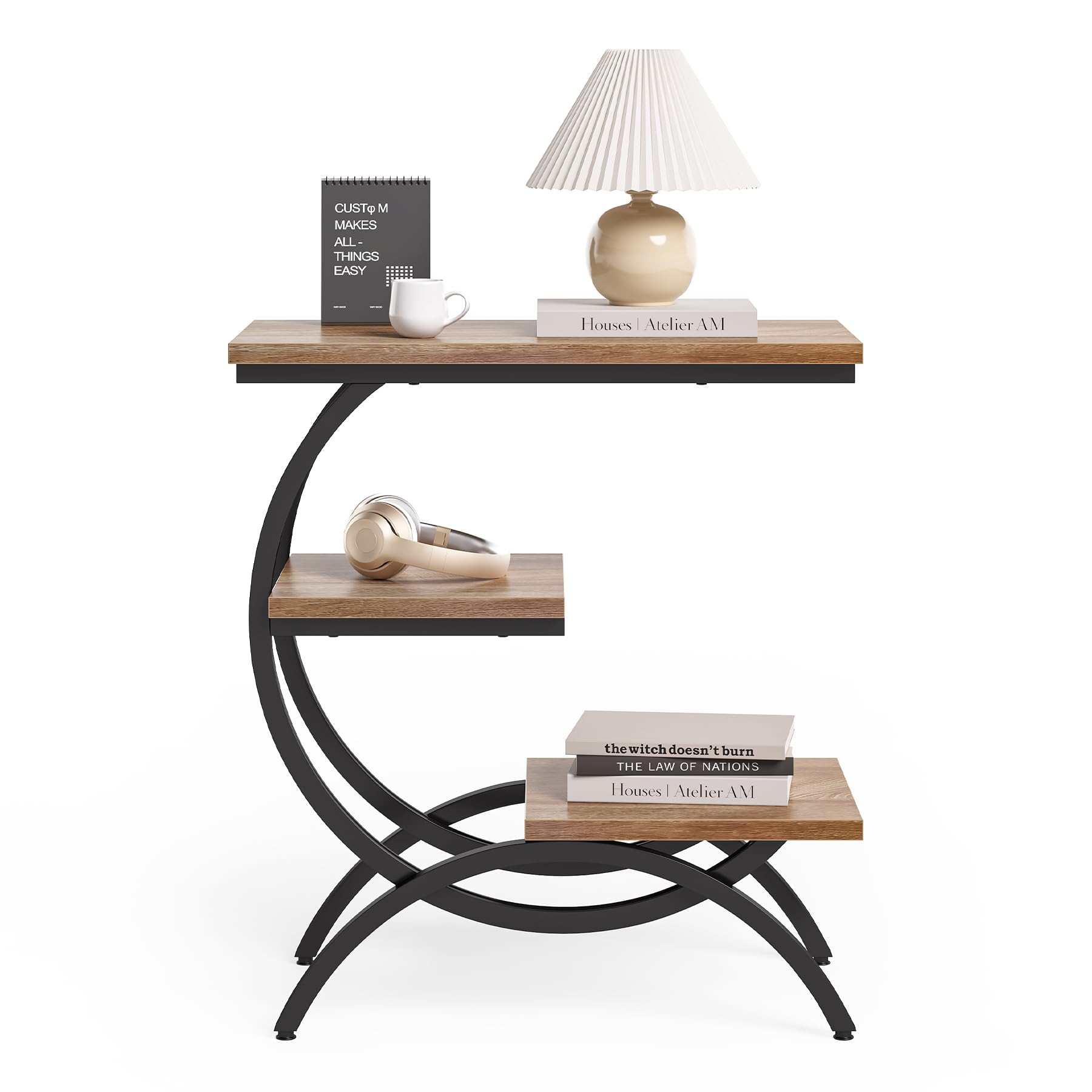 C-Shaped End Table with Storage Shelves