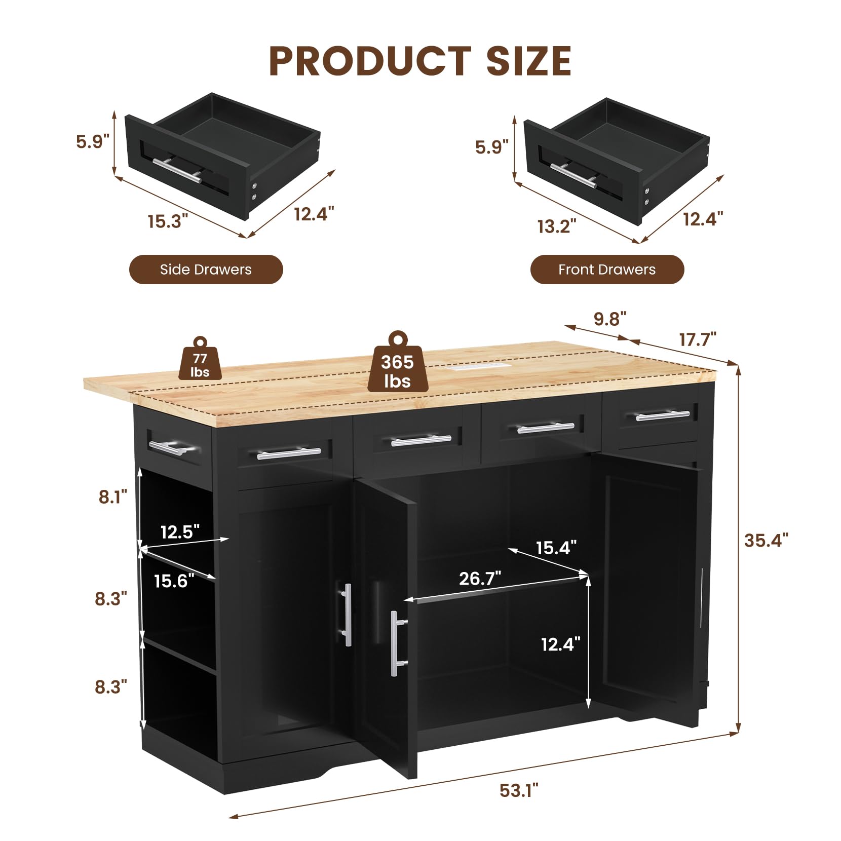 53'' Rolling Kitchen Island with Power Outlet and Drop Leaf