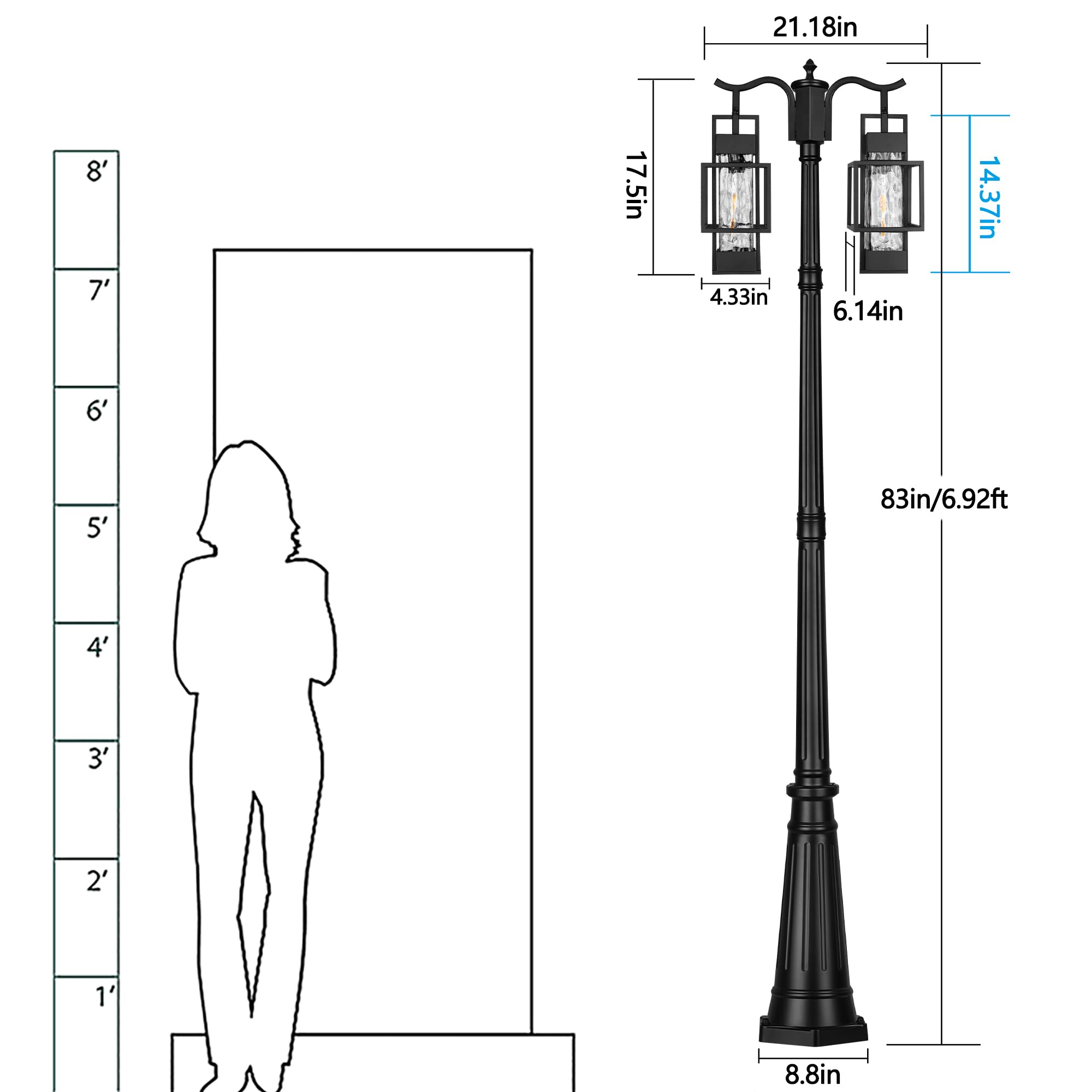 Modern Outdoor Lamp Post Light 2-Head with Water Glass Shade