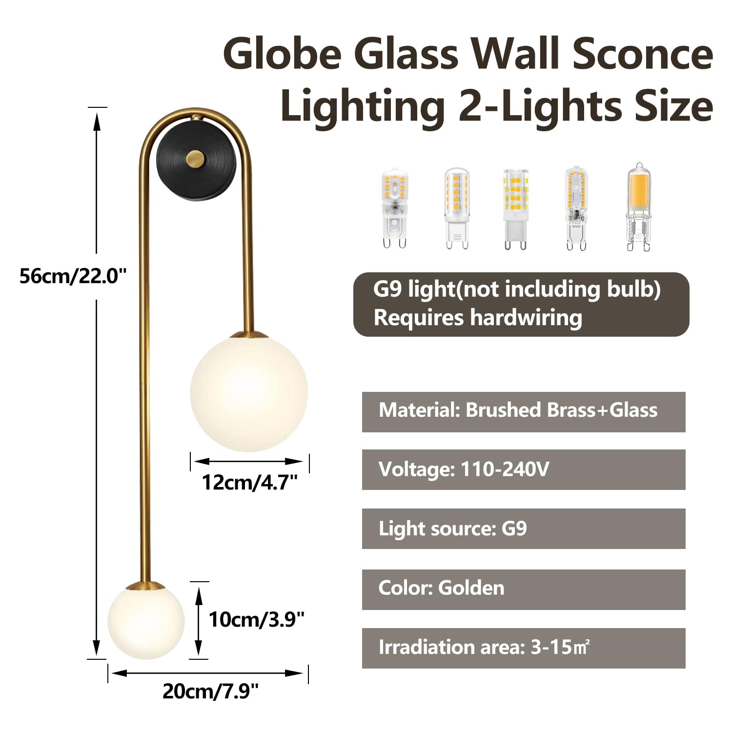Globe Glass Wall Sconce 2-Light Modern Brushed Brass