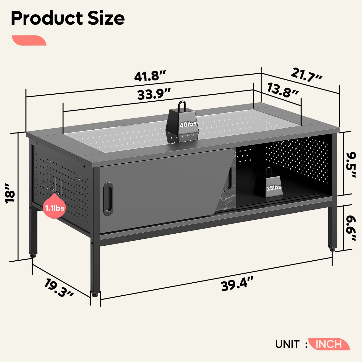 42 Inch LED Coffee Table with Storage and Glass Top