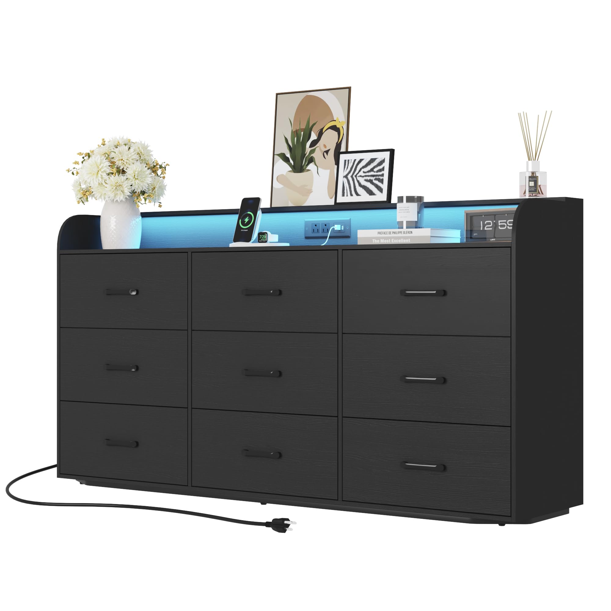 9-Drawer Dresser with Power Outlet and LED Lights