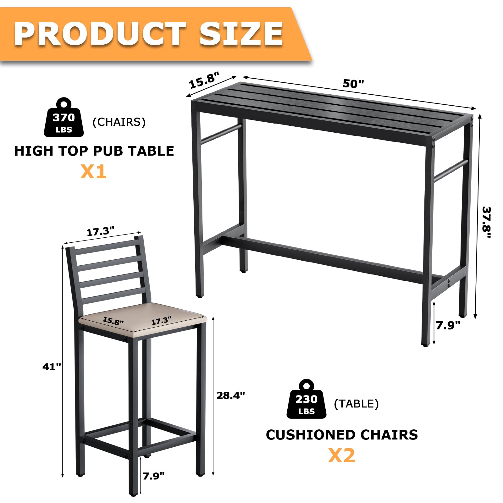 Outdoor Patio Bar Set 3 Piece with Cushioned Stools