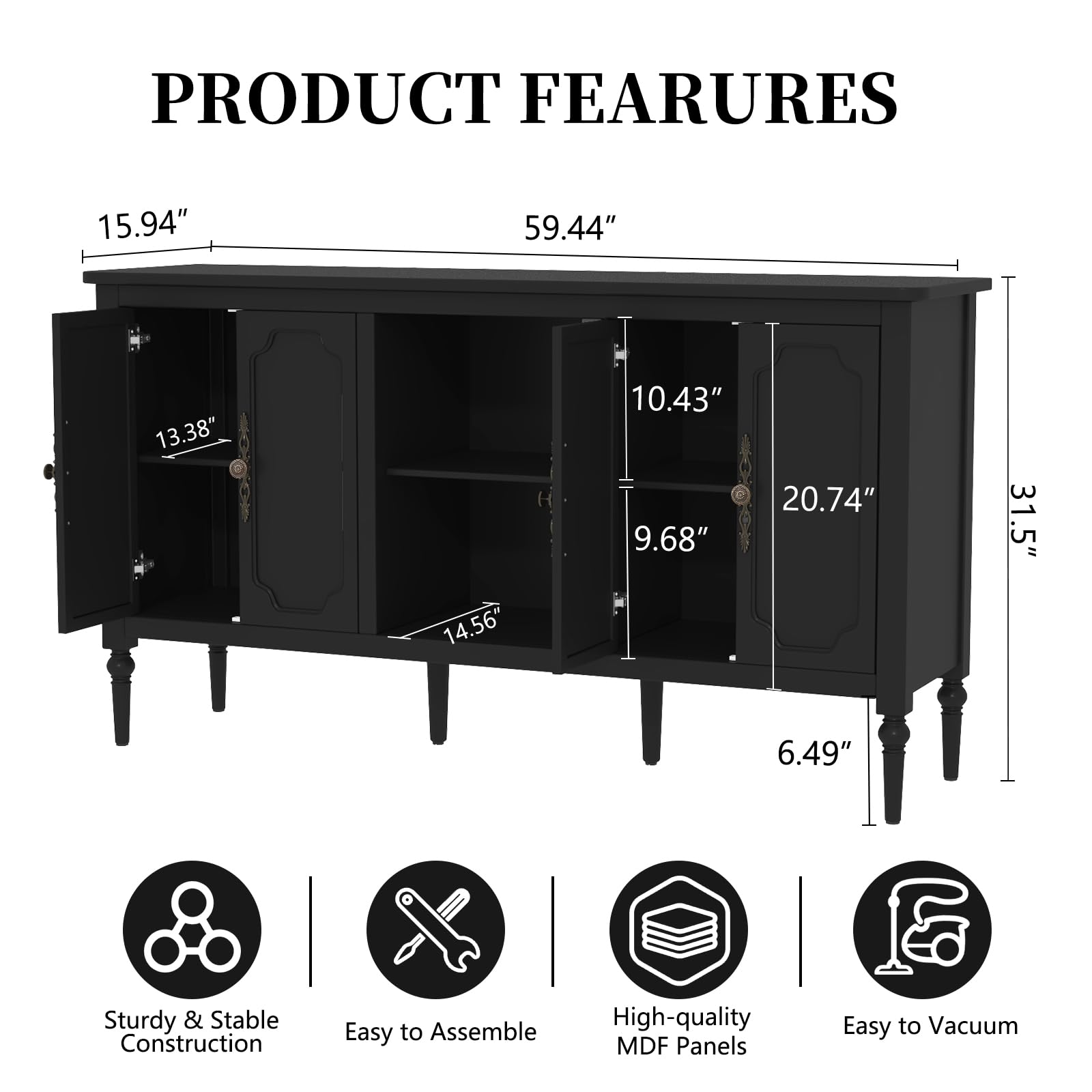Vintage Buffet Sideboard Cabinet with 4 Doors 59 Inch