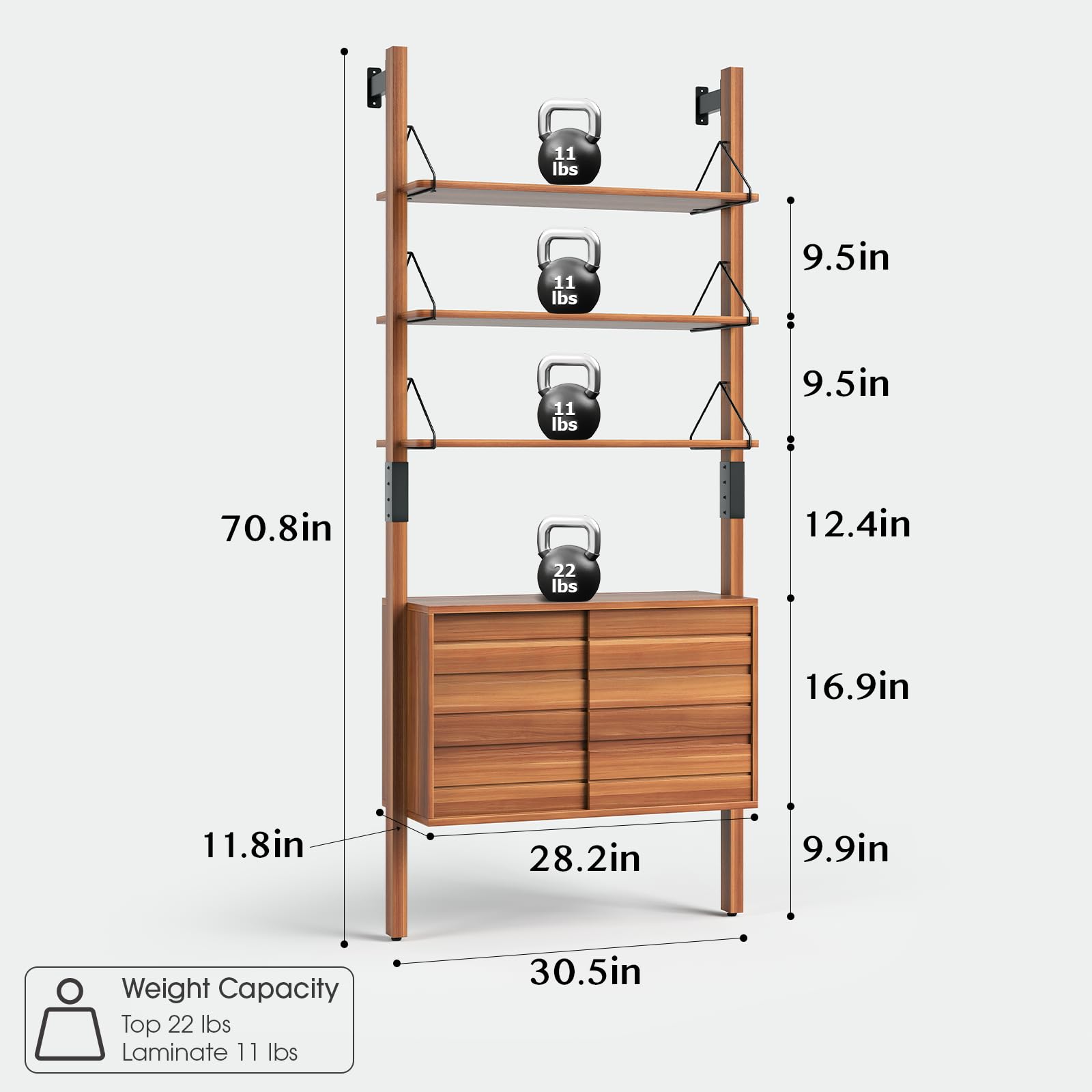 6-Tier Wall Mounted Ladder Bookshelf with Storage Cabinet