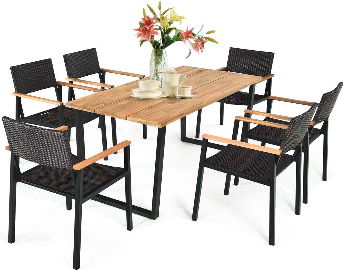 7-Piece Outdoor Dining Set with Acacia Wood Table and Rattan Chairs