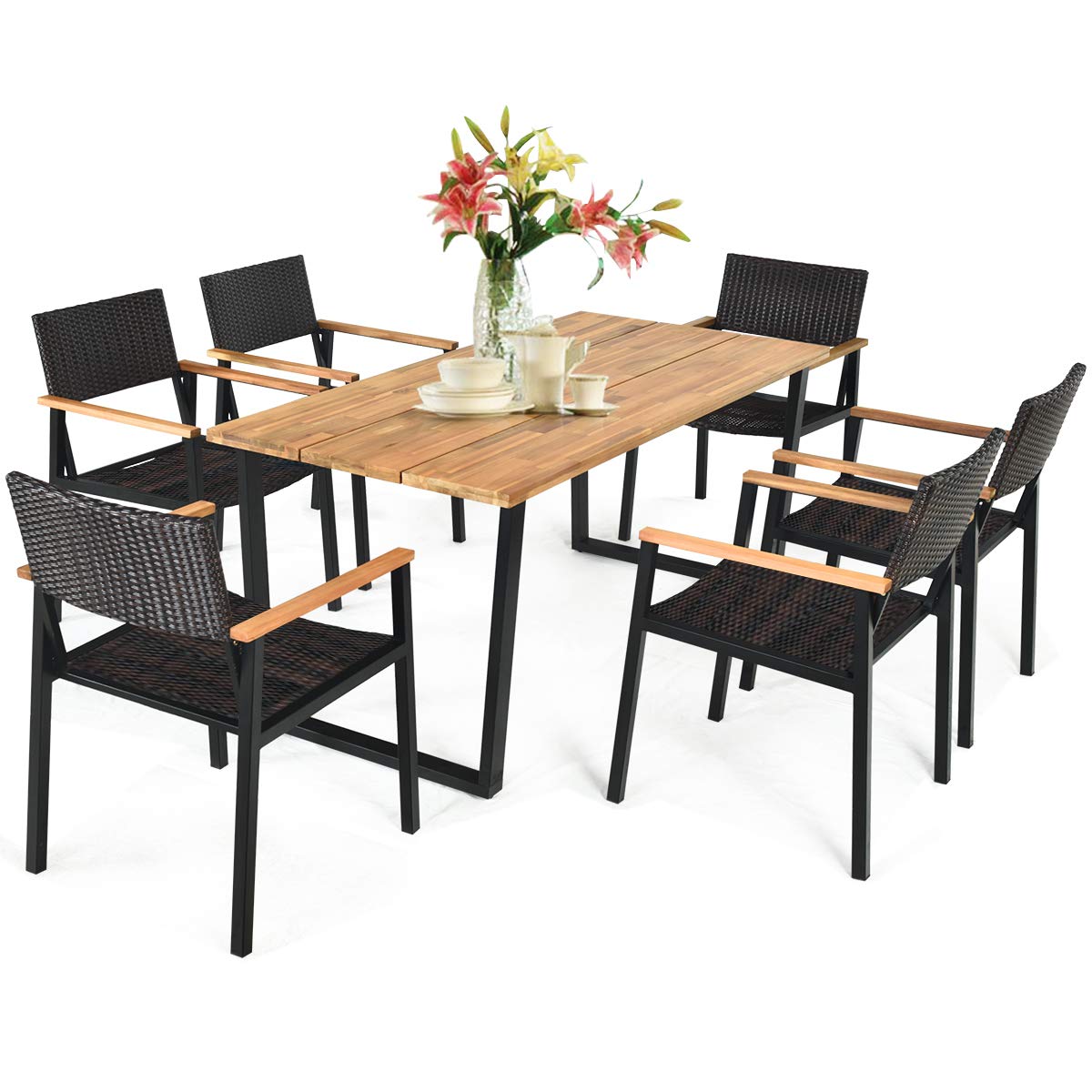 7-Piece Outdoor Dining Set with Acacia Wood Table and Rattan Chairs
