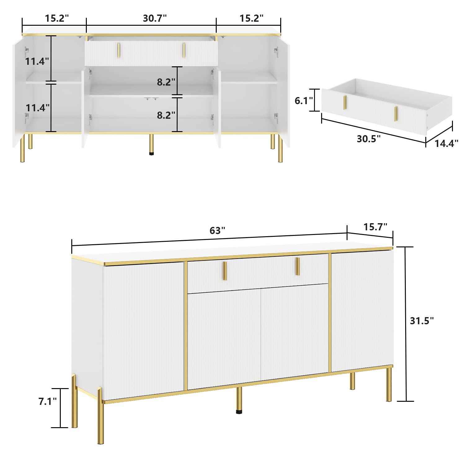 63" Buffet Sideboard Console Table with Drawer and Glass Doors