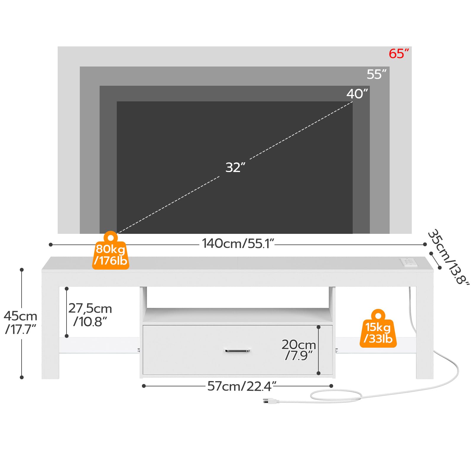 LED TV Stand with Power Outlets and Glass Shelves