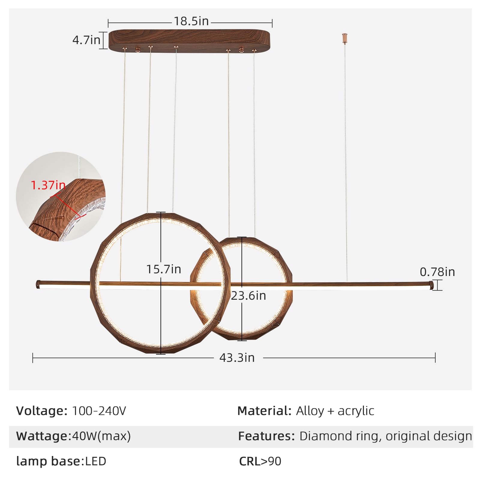 43" Farmhouse Pendant Light with Walnut Wood Finish